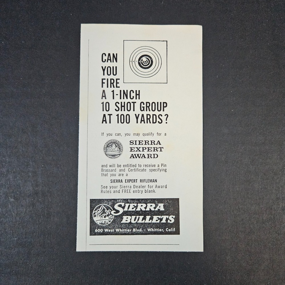 1962 Sierra Bullets Sierra Expert Rifleman Award Vintage Print Ad Whittier CA